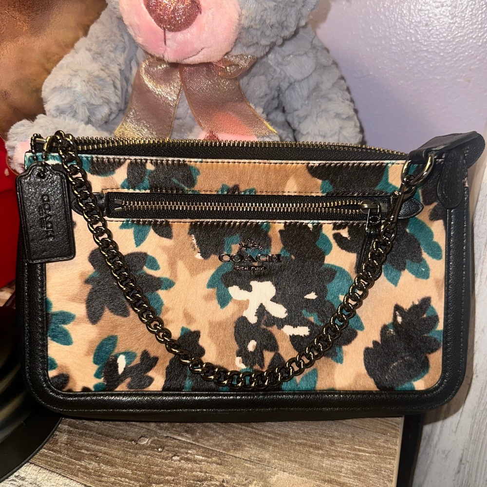 Coach Nolita Wristlet In Scattered Leaf Printed Haircalf